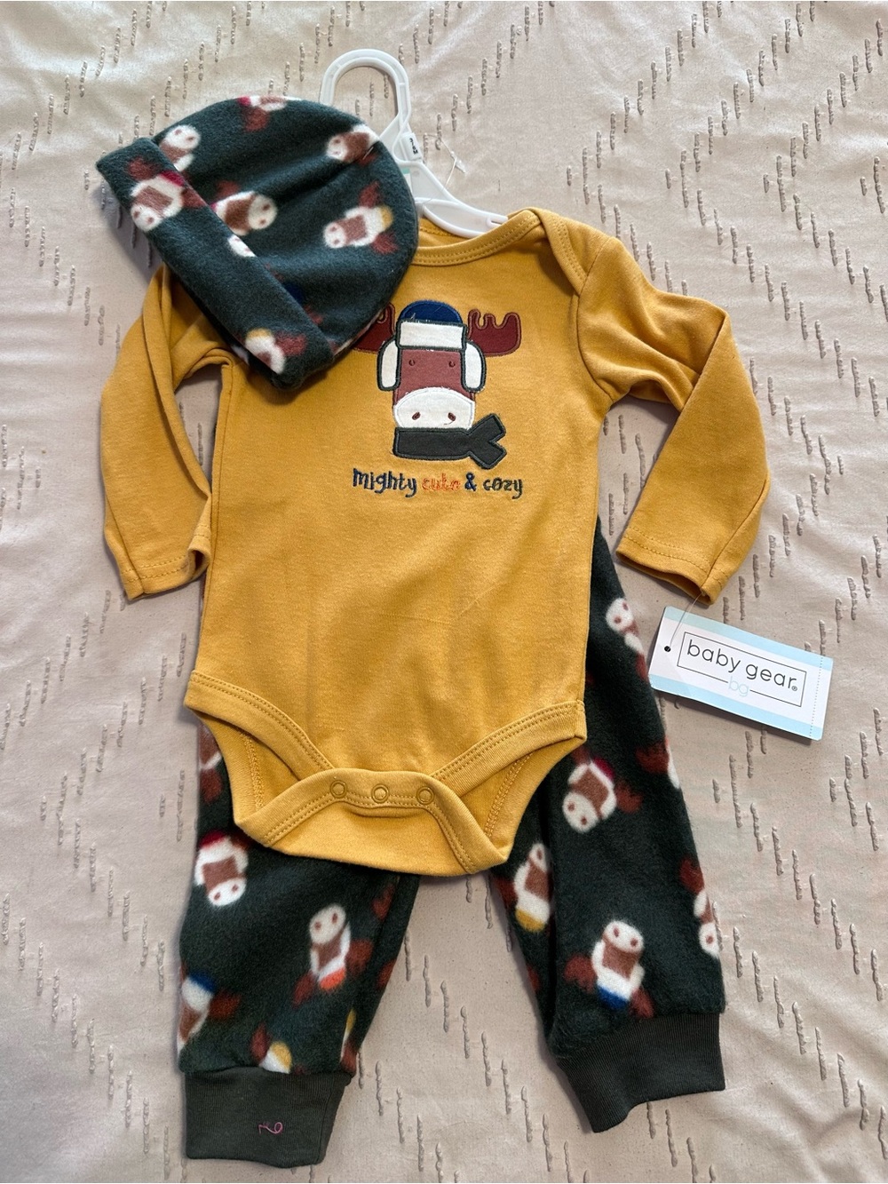 Baby Gear Mustard Long-Sleeve One-Piece with Dark Green Print Pants & Hat